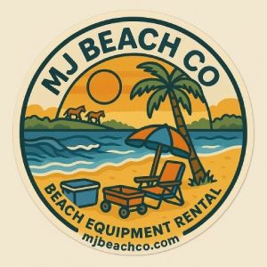 MJ Beach Co logo: circular beach scene with sun, palm tree, waves, and a chair; includes 'MJ Beach Co' and 'Beach Equipment Rental' with mjbeachco.com