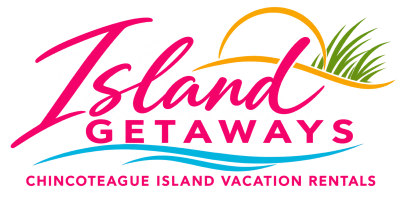Logo for Island Getaways, featuring tropical name in pink with a yellow sun hat, green palm fronds, and a blue wave motif—evoking island vacations.